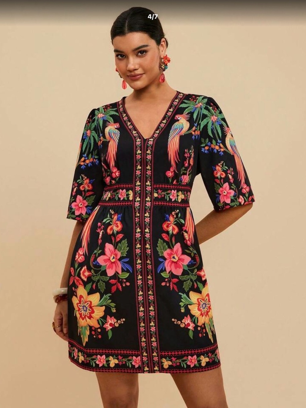 Amazon Black V-Neck Tropical Embroidered Mini Dress with Multicolor Florals